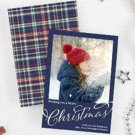 Merry Christmas Calligraphy Script Navy Blue Plaid Feiertagskarte