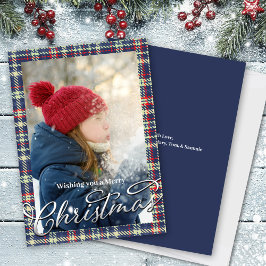 Merry Christmas Calligraphy Script Navy Blue Plaid Feiertagskarte