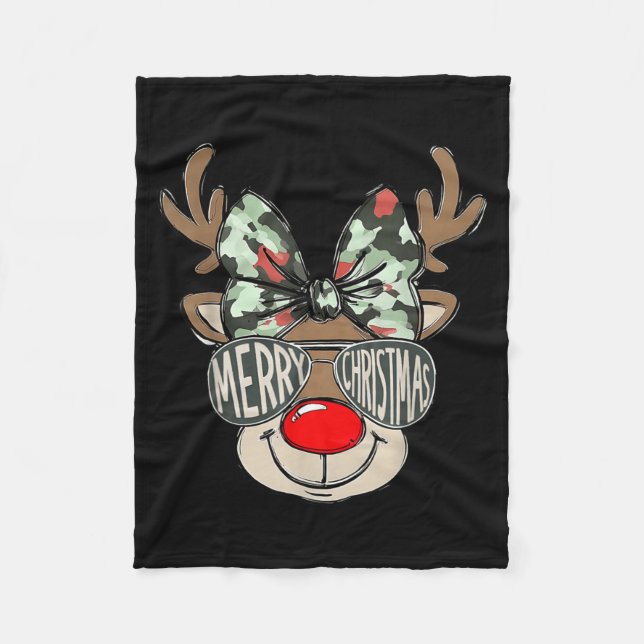Merry Christmas Camo Reindeer Bow Girl Women Kid H Fleecedecke (Vorderseite)