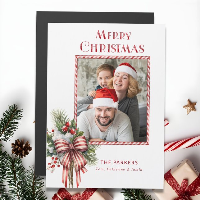Merry Christmas Candy Cane Bow Foto Magnetkarte (Von Creator hochgeladen)