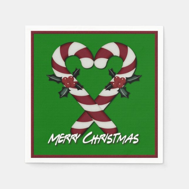 Merry Christmas Candy Cane Heart Green Napkins Serviette (Vorderseite)