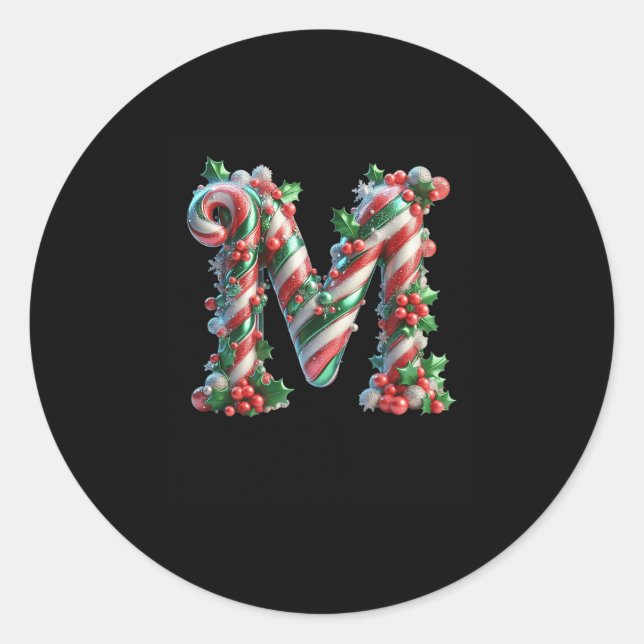 Merry Christmas Candy Cane Letter M Premium  Runder Aufkleber (Vorderseite)