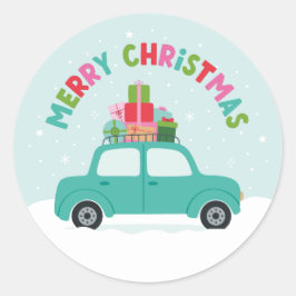 Merry Christmas Car with Gifts in Aqua Blue Runder Aufkleber