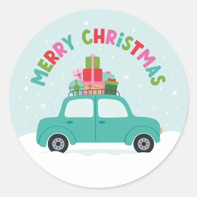 Merry Christmas Car with Gifts in Aqua Blue Runder Aufkleber (Vorderseite)