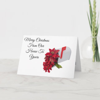 Merry Christmas card with mailbox and poinsettias Karte