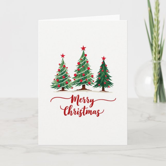 Merry Christmas Card with Three Watercolor Pines Karte (Vorderseite)