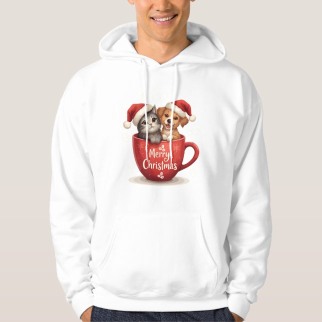 Merry Christmas Cat and Dog in Mug Hoodie Cute Pet (Vorderseite)