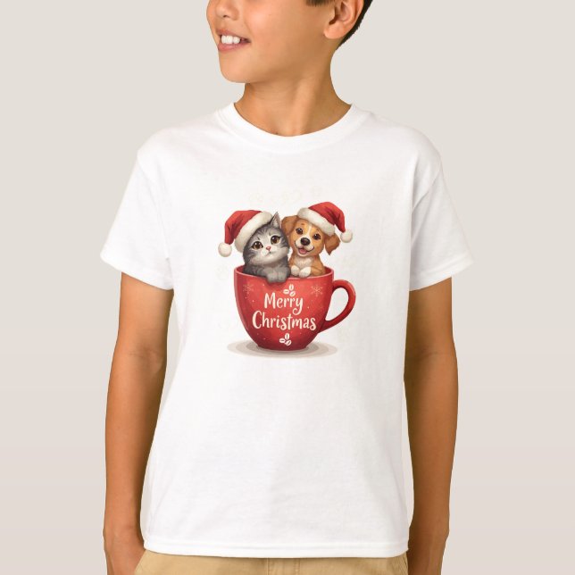 Merry Christmas Cat and Dog in Mug Shirt, Cute Pet T-Shirt (Vorderseite)