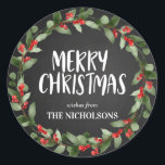 Merry Christmas Chalkboard Script | Berry Wreath Runder Aufkleber<br><div class="desc">Merry Christmas Chalkboard Script | Berry Wreath</div>