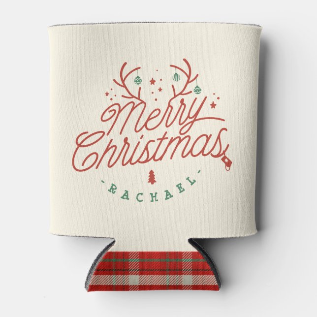 Merry Christmas Check Plaid Personalized Reindeer Dosenkühler (Vorderseite)