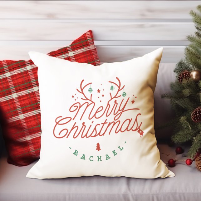 Merry Christmas Check Plaid Personalized Reindeer Kissen (Merry Christmas Check Plaid Personalized Reindeer Throw Pillow)