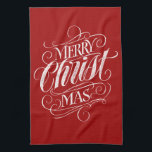 Merry CHRISTmas Christlich Calligraphy Chalk Red Geschirrtuch<br><div class="desc">Wir sagen "Frohe Weihnachten" sehr oft während der Saison, aber manchmal vergessen wir, woher dieser Gruß eigentlich kommt. Hier ist ein wunderbar elegantes Stück Handschrift, um einen sanften Rückstoß zurück in die Richtung Jesus geben. Die Kunst des beruflichen Kalligraphen Ivan Angelic. Dieses Schriftstück ist in Schwarz auf Weiß, Weiß und...</div>