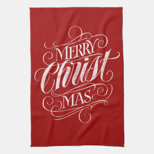 Merry CHRISTmas Christlich Calligraphy Chalk Red Geschirrtuch