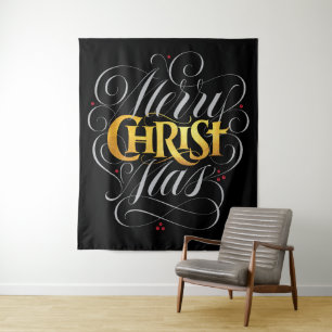 Merry CHRISTmas Christlich Extravaganter Gold Jesu Wandteppich