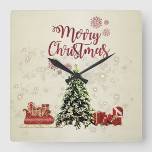 Merry Christmas,Christmas Trees ,Presents,Sleigh  Quadratische Wanduhr