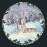 MERRY CHRISTMAS CHURCH & WREATH von SHARON SHARPE Runder Aufkleber<br><div class="desc">MERRY CHRISTMAS CHURCH & WREATH aus einer originalen Wasserfarbe von SHARON SHARPE</div>