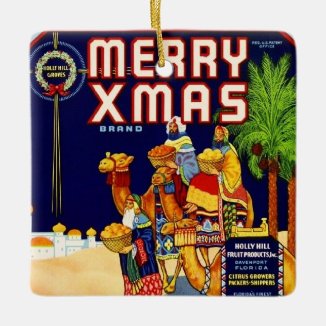 Merry Christmas Citrus Label Keramikornament (Vorderseite)