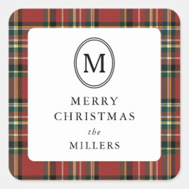 Merry Christmas Classic Red Plaid Monogram Quadratischer Aufkleber