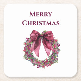 Merry Christmas Coaster with Pink Wreath and Bow Rechteckiger Pappuntersetzer