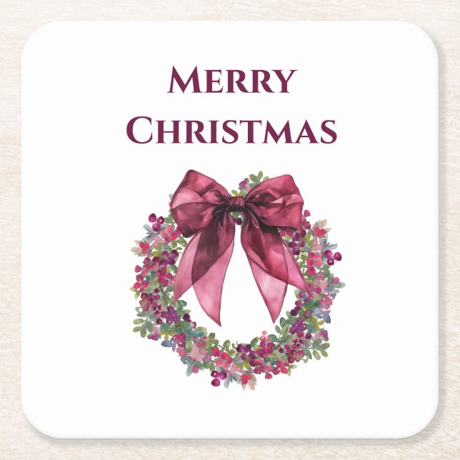 Merry Christmas Coaster with Pink Wreath and Bow Rechteckiger Pappuntersetzer (Vorderseite)