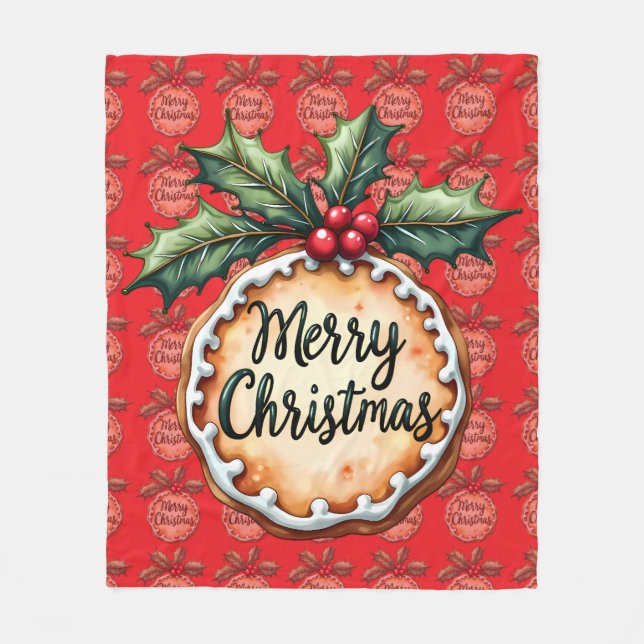 Merry Christmas Cookie with Holly Berries Red Fleecedecke (Vorderseite)