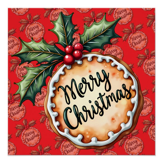 Merry Christmas Cookie with Holly Berries Red Poster (Vorderseite)