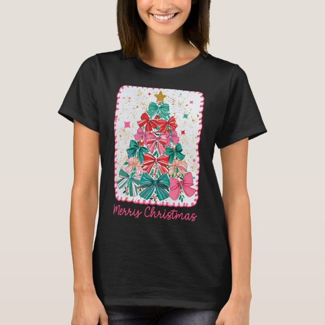 Merry Christmas Coquette Bow Xmas Tree Holiday Gir T-Shirt (Vorderseite)