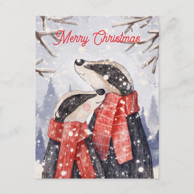 Merry Christmas Couple Badger Illustration Postkarte (Vorderseite)