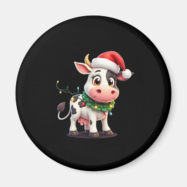 Merry Christmas Cow Santa Christmas Lights Cow Xma Magnet (Vorne)