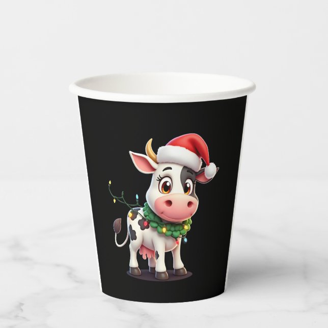 Merry Christmas Cow Santa Christmas Lights Cow Xma Pappbecher (Vorderseite)