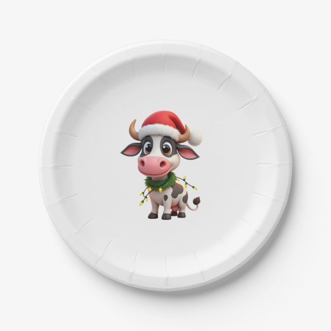 Merry Christmas Cow Santa Christmas Lights Cow Xma Pappteller (Vorderseite)
