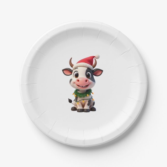Merry Christmas Cow Santa Christmas Lights Cow Xma Pappteller (Vorderseite)