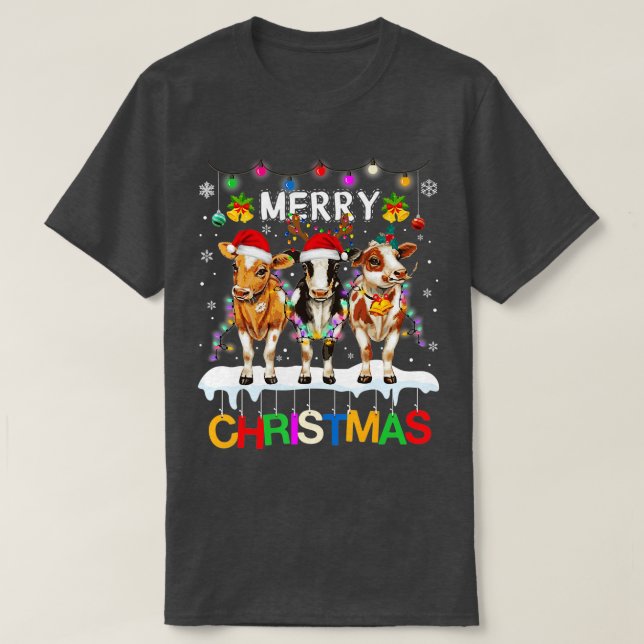 Merry Christmas Cow Shirt Farmer Santa Hat Xmas Li (Design vorne)