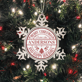 Merry Christmas Custom Familienname Traditionell Schneeflocken Zinn-Ornament
