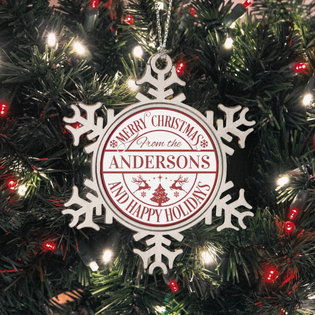 Merry Christmas Custom Familienname Traditionell Schneeflocken Zinn-Ornament (Merry Christmas Family Name Traditional Snowflake Pewter Christmas Ornament - Just add your name!)