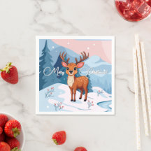 Merry Christmas Cute Cartoon Reindeer in winter