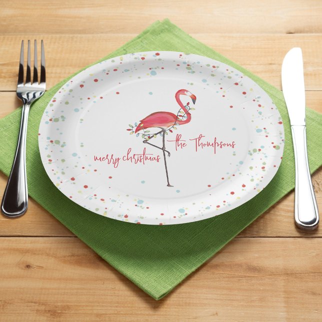Merry Christmas Cute Festive Flamingo String Light Pappteller (Simple Merry Christmas cute pink flamingo calligraphy script paper plate)