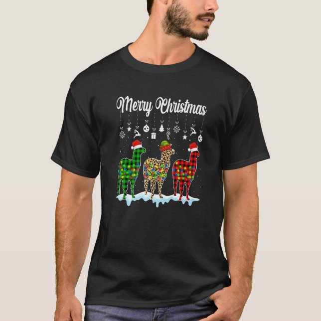 Merry Christmas Cute Llama  Xmas Leopard Plaid T-Shirt (Vorderseite)