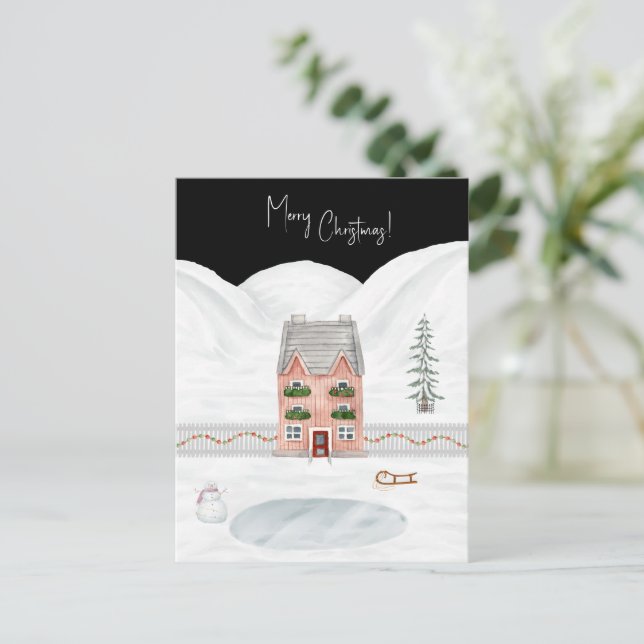 Merry Christmas Cute Winter Scene Snow Card Postkarte (Stehend Vorderseite)