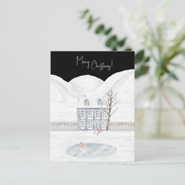 Merry Christmas Cute Winter Scene Snow Card Postkarte (Stehend Vorderseite)