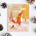 Merry Christmas. Cute winter woodland fox animal Feiertagspostkarte<br><div class="desc">"Merry Christmas" Postcard with cute funny cartoon woodland fox and bullfinch animals in pink blush orange yellow colors for winter holidays.</div>