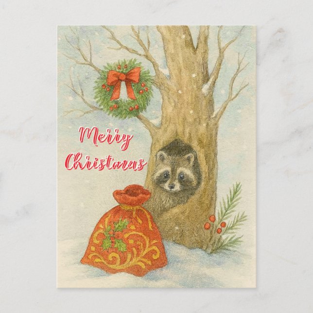 Merry Christmas Cuter Raccoon Wildlife  Postkarte (Vorderseite)