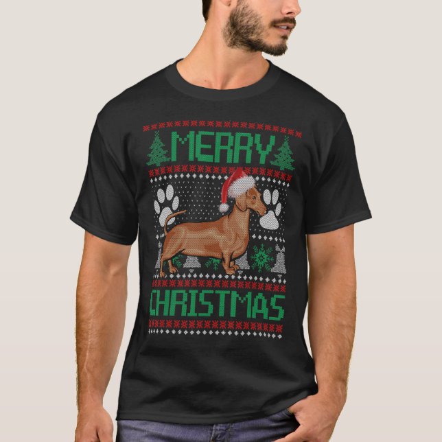 Merry Christmas Dachshund  UGLY Xmas Pajama Dog T-Shirt (Vorderseite)