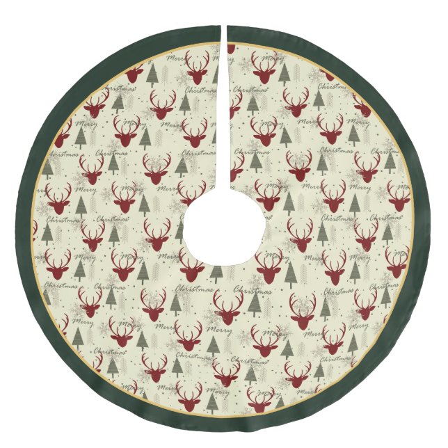 Merry Christmas Deer and Tree Festive Tree Skirt Polyester Weihnachtsbaumdecke (Vorderseite)