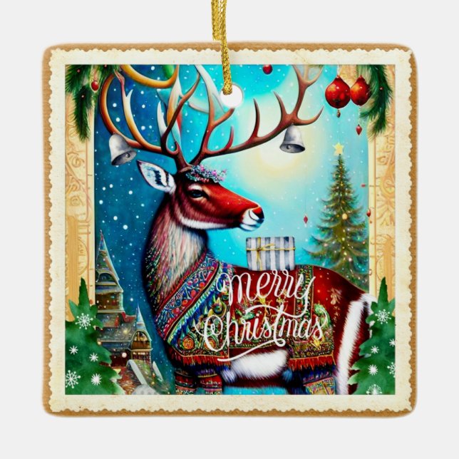 MERRY CHRISTMAS DEER KERAMIKORNAMENT (Vorderseite)
