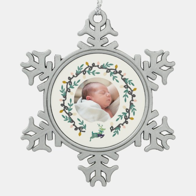 Merry Christmas Deer with Wreath Teal Cream Schneeflocken Zinn-Ornament (Vorderseite)