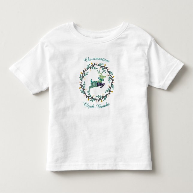 Merry Christmas Deer with Wreath Teal Customize Kleinkind T-shirt (Vorderseite)