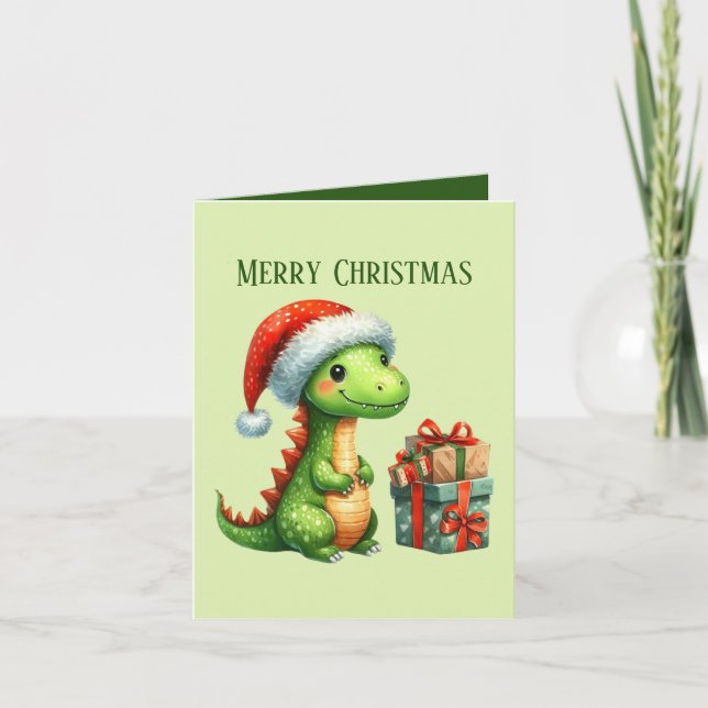 Merry Christmas Dinosaurier hinzufügen Feiertagskarte (Vorderseite)