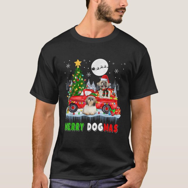 Merry Christmas Dog Santa Elf Shih Tzus On Pickup  T-Shirt (Vorderseite)