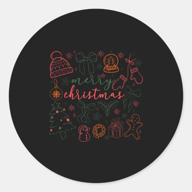 Merry Christmas Doodle Xmas Tree Gingerbread Men W Runder Aufkleber (Vorderseite)